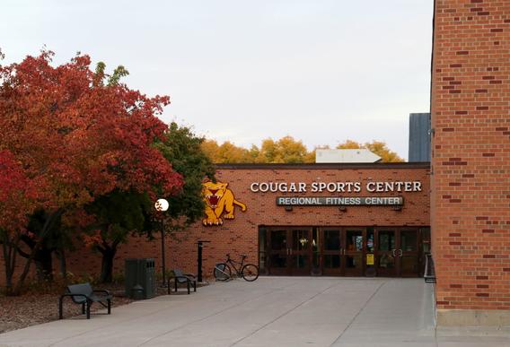Regional Fitness Center entrance on a fall evening.