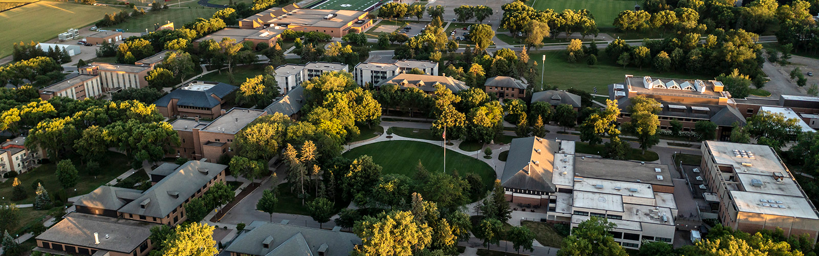 Aerial view of campus at sunrise