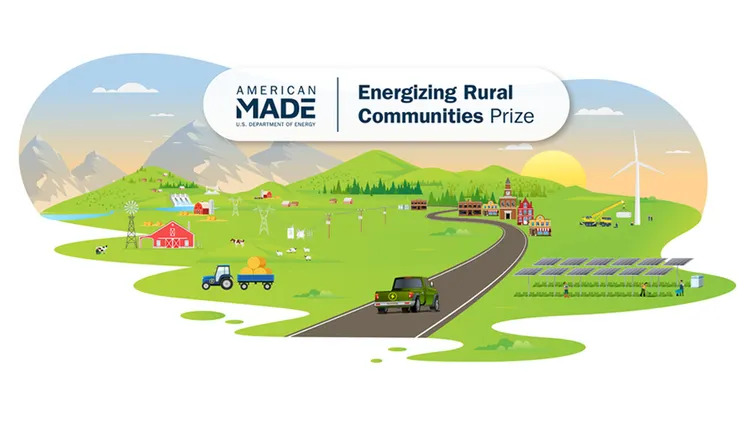 A colorful graphic with the words Energizing Rural Communities Prize American Made U.S. Department of Enerby