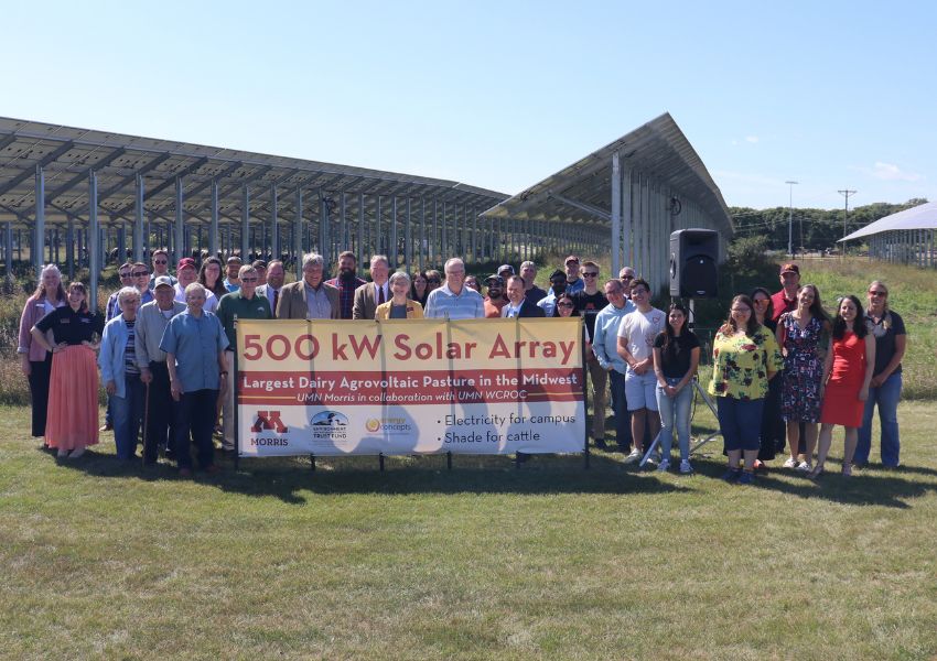 A large group of people stands in a grassy field in front of a massive elevated solar array on a sunny day.