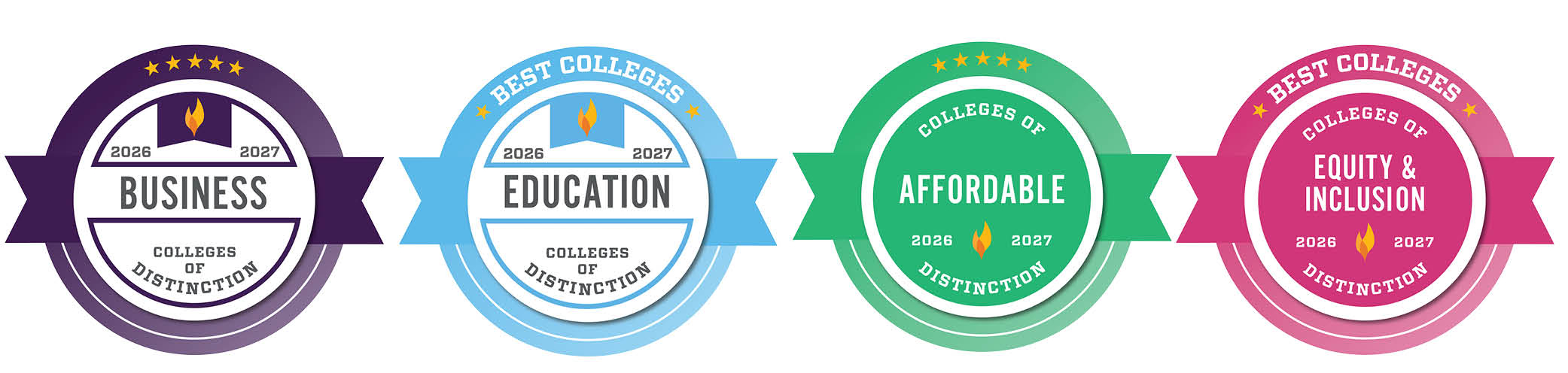 Four circular badges with banners: one purple "Business Colleges of Distinction", one blue "Best Colleges Education Colleges of Distinction," one green "Colleges of Affordable 2026 2027 Distinction," and one pink "Best Colleges Equity & Inclusion Colleges of Distinction." 