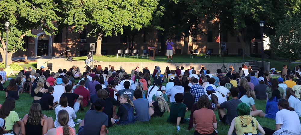 The first-year class gathers on the campus mall for the beginning activity of New Student Welcome Week.