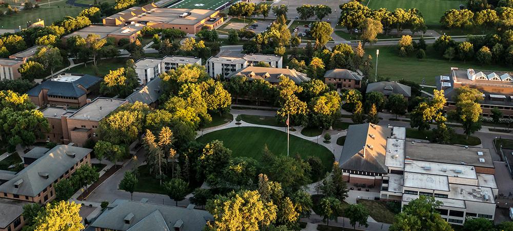Aerial view of campus at sunrise