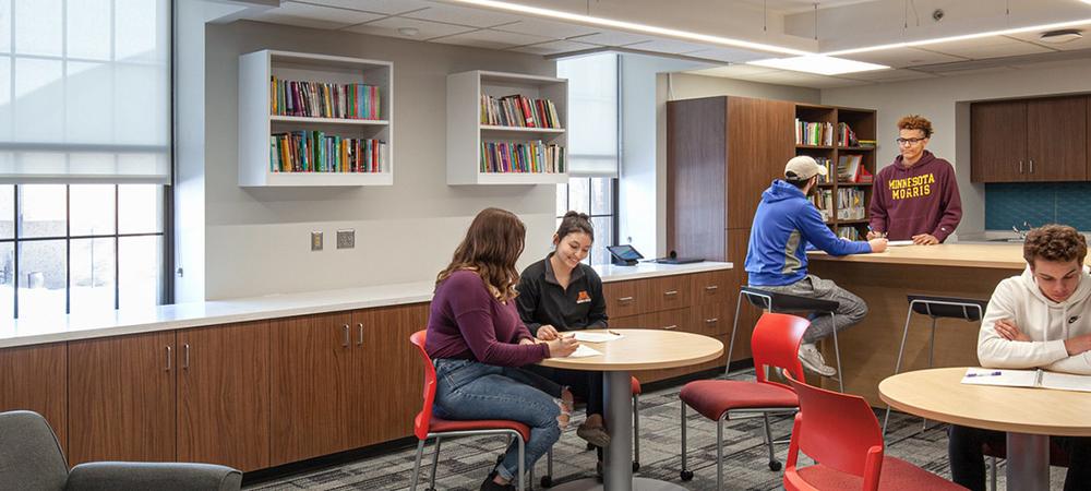 Several students work in a collaborative space in Blakely Hall.