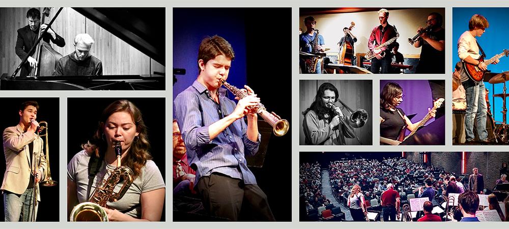 Collage of people playing jazz music on various stages.