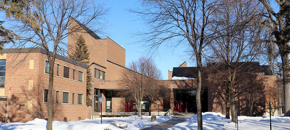An exterior view of the Humanities Fine Arts building on a sunny winter day.