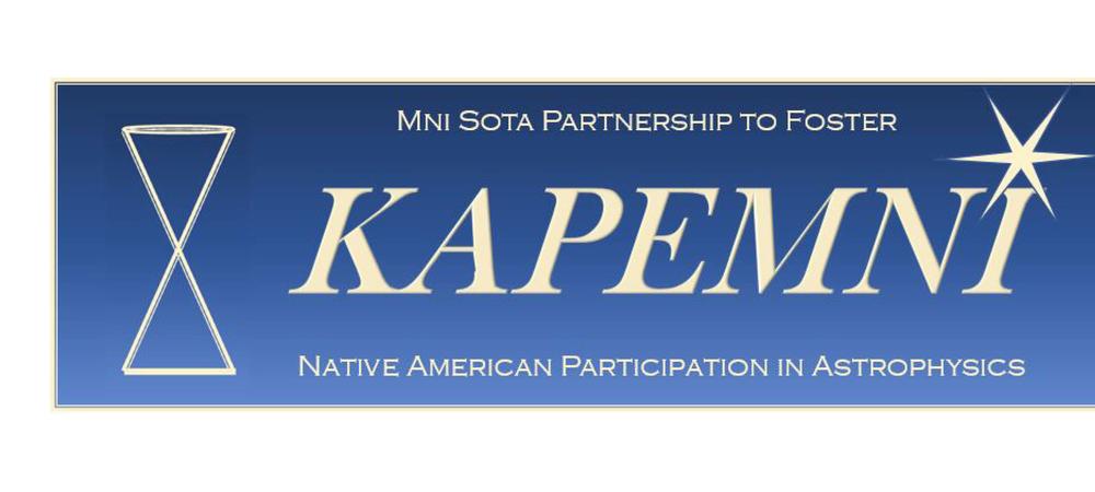 A blue rectangle with a logo depicting two teepees connected at their apex and the words, Kapemni Mni Sota Partnership to Foster Native American Participation in Astrophysics