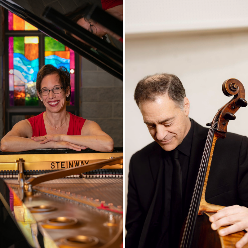 Two pictures side by side.  The one on the left is a woman in a red shirt sitting at a piano.  The photo on the right is a man in a black suit, looking down at the cello he is holding