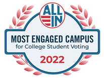A logo for All In, that reads "Most Engaged Campus for College Student Voting 2022"