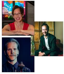 Three separate portraits of individuals. The first shows a person with glasses, smiling in front of a stained glass window. The second features a person in a red shirt, arms crossed on a surface, smiling at the camera. The third is a person in a black blazer, seated with a thoughtful expression.