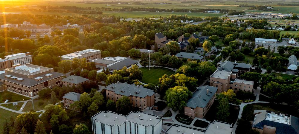 Aerial view of campus at sunset