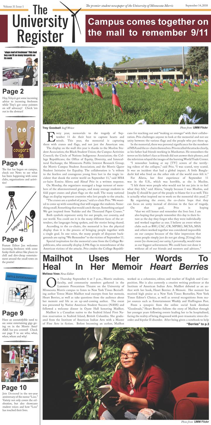 The front page of "The University Register" from September 14, 2023. Top section features a headline "Campus comes together at the mall to remember 9/11" with a photo of people placing flags on a lawn. Middle section displays icons representing different page contents including an owl mascot and a selfie stick. Bottom section includes an article snippet with a headline "Mailhot Uses Her Memoir To Heal" and shows a person sitting on a bench with a book.