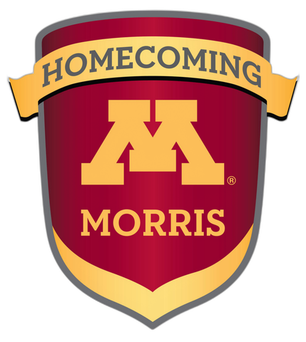 A maroon and gold shield with the letter M and the words, Homecoming and Morris on it