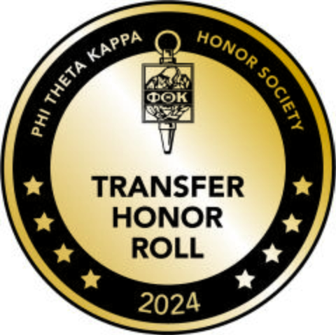 A gold seat with the words, Phi Theta Kappa Honor Society Transfer Honor Roll 2024 with a symbol and stars 